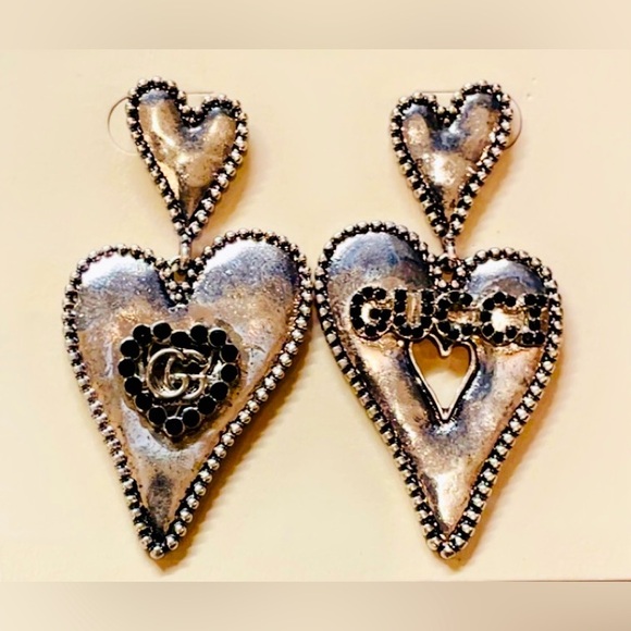 Stunning Repurposed Gucci Silver Misshapen Hearts GG Logo Dangle earrings